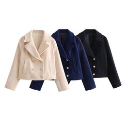 TRAF 2023 Cropped Jackets for Women Office Double Breasted Coats Long Sleeve Soft Jacket Streetwear Lapel Outerwear 231020