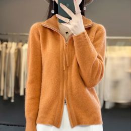 Women's Sweaters European Fat MM Stand Collar 100 Wool Zipper Knit Cardigan Women Loose Large Size Sweater Autumn and Winter Thick Top 231219