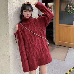 Women's Sweaters Christmas Off Shoulder Turtleneck Sweater Women Fashion Twist Long Sleeve Jumper Wine Red Year Loose Knitwear Winter