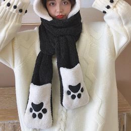 Berets Cartoon Panda Hat Scarf Gloves Winter Warm Plush Shu Velveteen Animal Paws Hoodie Cap Windproof Thickened Warmth
