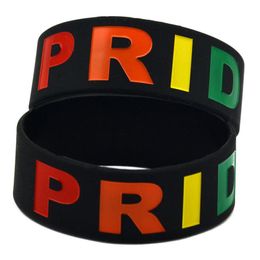 50PCS Gay Pride One Inch Wide Silicone Bracelet Black Adult Size Debossed and Filled in Rainbow Colours Logo202C