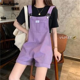 Jeans Denim Suspenders Shorts Women Summer 2021 Fashion Leisure Loose Purple High Waist Overalls Short Pants Girl Student Casual Jeans