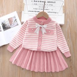 Clothing Sets Girls Winter Clothes Set Plaid Knitted Cardigan and Skirt Clothing Autumn Pink Sweater with Bow Outfits for Kids Girl's Clothes 231219