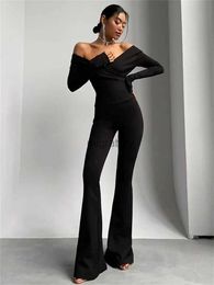 Women's Jumpsuits Rompers Tossy Off-Shoulder Slim Black Rompers For Women Trousers Straight High Waist Fashion Patchwork Long Sleeve Jumpsuit Streetwear YQ231220