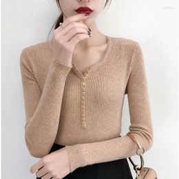 Women's Blouses Women Half Button Ribbed Knit Long Sleeve Casual Sweater V Neck Pull Femme Slim Y2K Cute Pullover Jersey Top Fashion Clothes