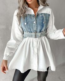 Fashion Women Denim Patchwork Dress Shirt Long Sleeve Single Breasted Turn-down Collar Big Swing Shirts And Blouses Tops