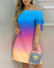 Party Dresses Women's Fashion Casual One Line Neck Gradient Short Sleeve Dress Elegant Summer Bow Print Maxi Vestidos 3XL