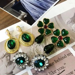Dangle Earrings Real Gold Plated Emerald Gemstone Pearl Glass Rhinestone Decor Vintage Style Stud Water Drop
