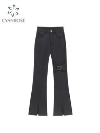 Jeans Spring Women's Vintage Flare Pants Jeans E Girl Style Sexy Strechy Trousers Female High Waist Harajuku Y2k Wide Leg Split Pants