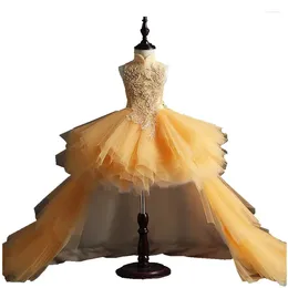 Girl Dresses Glizt Long Trailing Gold Lace First Communion Dress Beads Tulle Ball Gown Girls Pageant Flower For Weddings