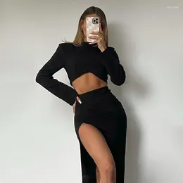 Work Dresses Fashion Turtleneck Long Sleeves Crop Top Slit Sexy 2 Pieces Maxi Dress Solid 2023 Fall Bodycon Evening Party Elegant Vestido