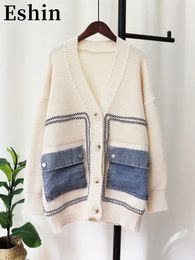 Women s Sweaters Eshin 2023 Winter Denim Patchwork Knitting Cardigan For Women Loose V Neck Long Sleeve Design Y2K Sweater Fashion Tops TH339 231219