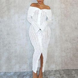 Casual Dresses Women Dress Elegant Off Shoulder Maxi With Split Hem Skinny Waist For Sheath Style See-through Water Wave Party