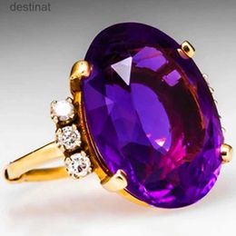 Solitaire Ring Gold-Plated Stainless Steel Ring For Women Fashion Trend Purple Large Zircon Finger Ring Female Engagement JewelryL231220