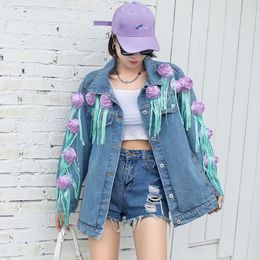 Women's Jackets Women Spring Autumn 3D Flowers Sequined Tassels Denim Coat Loose Floral Beading Fringed Jeans Jacket Cowboy Streetwear