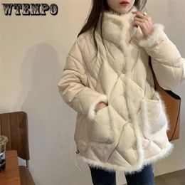WTEMPO Women s Puffer Jacket Fur Trim Stand Collar Button Up Quilted Coat Loose Warm Winter Fall Diamond Padded Down Outwear 231220