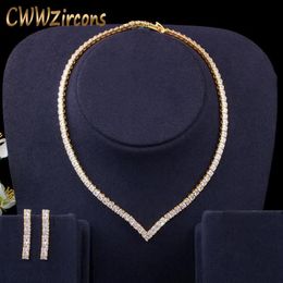 Earrings & Necklace Very Shiny Cubic Zirconia Pave Yellow Gold Colour Women Party Choker And Earring Brides Jewellery Set T421190S