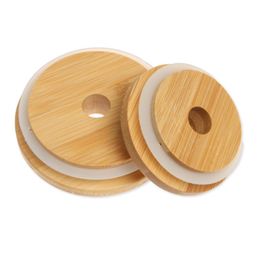 70mm/2.75inch 86mm/3.39inch Bamboo Lids Cap Reusable Mason Jar Lids Straw Hole Silicone Seal Glass Bottle Covers HW0144