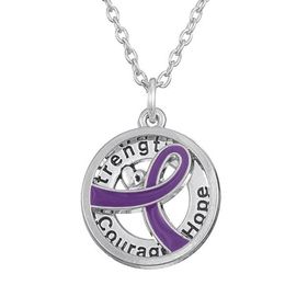 GX055 Cancer Awareness Purper Ribbon Silver Plated Strength Hope Courage love letters hollow round Pendant Necklace For Gift274v