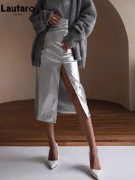 Skirts Lautaro Spring Autumn Shiny Black Silver Golden Pu Leather Skirt Women Front Slit High Waist Long Luxury Designer Clothes 2023 231219