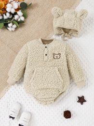 Baby Romper Beanie Outfits for 2 Piece Autumn Winter Cute Warm and Comfortable Apricot Fluffy Bear Pattern 231220