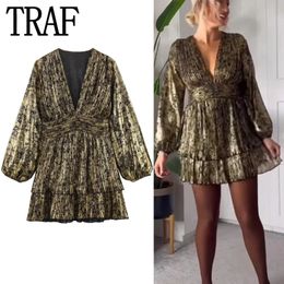 Basic Casual Dresses TRAF 2024 Foil Ruffle Short For Women Gold Vintage Mini Dress Woman Pleated Party 2023 Long Sleeve Elegant 231219
