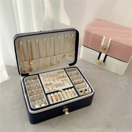 Jewellery Boxes Double Layer Jewellery Organiser Display Travel Jewellery Case Portable Leather Earring Necklace Ring Bracelet Storage Packaging Box 231219