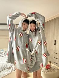 creative couple two onepiece pajamas autumn and winter with fleece hooded twohead hoodie popcorn home wear setadult throw blanket thick heavy footed nonopnd