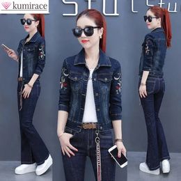 Women s Two Piece Pants Korean Autumn Vintage Embroidery Denim Jacket Casual Elegant Set Street Wear 231219