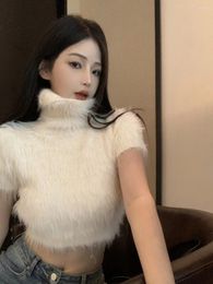 Women's Sweaters Mink Cashmere Velvet High Neck Short Sleeved Sweater Grunge Sueter Y2k Knitwear White Pullover Mohair Tshirt