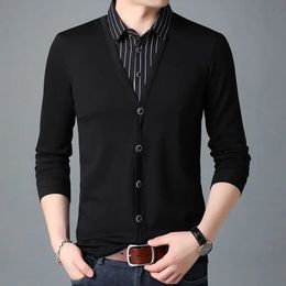 Social business men's ultrathin striped polo shirt street clothing spring and autumn cotton long sleeved black casual top 231220