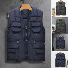 Men Autumn Winter Vest With Multiple Pockets Zipper Closure Sleeveless Waistcoat Warm Coat Fashion Clothing 231020