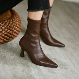 Boots 2023 High Quality Soft PU Leather Women Thin Heel Pointed Toe Zipper Chelsea Short Dress Pumps Boot 231219