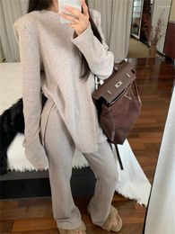 Women's Two Piece Pants Alien Kitty Chic Minimalist Suits Women Elegant Lazy Style Sweaters Daily Winter Knitted Wide Leg Loose Mopping Sets