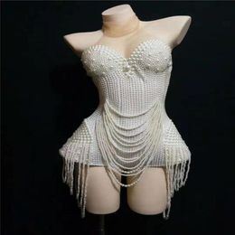 Y74 White Beading Sleeveless Bodysuit Party Pearl Stage Wear Dance Costumes Female Evening Dress Outfits DJ Short Jumpsuit Club QE3136