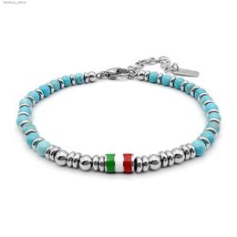 Charm Bracelets Runda Mens Natural Stone Bracelet Turquoises Beads with Enamel Flag Stainless Steel Adjustable Size 22cm Handmade Bead BraceletL23121