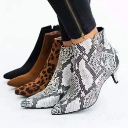 Women Boots Spring Pointed Toe Stiletto Ankle Fashion Leopard Print Side Zipper 43 Large Size Mid Heel 240111