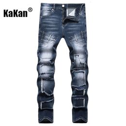 Kakan Elastic Slim Fit Small Feet Men's Jeans Personalized Pocket Patch Blue Tight Long K198834 231220