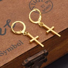 Exclusive Special Design Christian Vogue Womens True Real 14K Solid Fine Yellow Gold GF Crucifix Cross Timeless Charm Earrings228I