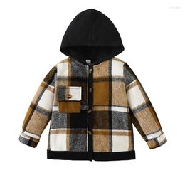 Jackets Autumn Kids Boys Girls Plaid Jacket Long Sleeve Hooded Button Outwear Fall Spring Clothes