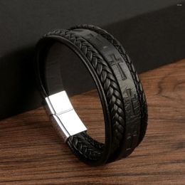 Charm Bracelets Men Punk Classic Cross Multilayer Hand-Woven Leather Male Trendy Goth Magnetic Buckle Black Jewelry