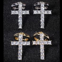 High Quality Gold Plated Bling Square CZ Cross Earrings Hoops for Men Women Nice Gift for Friend237E