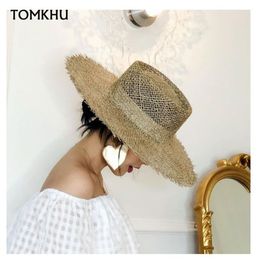 Women Fray Woven Seagrass Boater Hat Casual Sun Beach Caps Wide Brim Summer Hat Unisex Straw Hats for Travel 220607263z