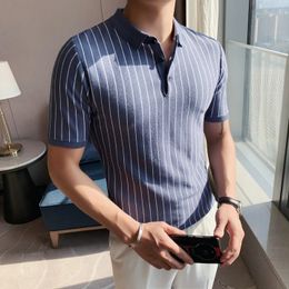 Men's Polos 2023 Summer Striped Knitted ShortSleeved Polo Shirt SlimFit Casual Business Party Beach Travel Tshirt Sizes S4XL 231219