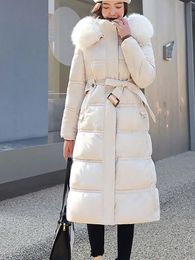 Women's Down Parkas Long Down Coats Women Autumn Winter Thick Warm Fur Collar Jackets Female Korean Fashion Casual Hooded Oversized Parkas With Belt 231219