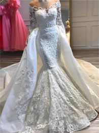 Arabic Long Sleeves Lace Wedding Dresses For Women Mermaid With Detahcable Train Bride Dress Sheer Neck Cathdral Train Bridal Gown