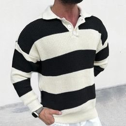 Men's Sweaters Knitted Sweater Fashion Striped Button Polo Collar Long Sleeve Pullover Casual Slim Fit Top