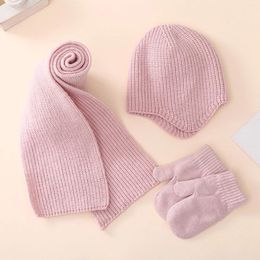 Berets 4pcs Winter Kids Knitting Cute Solid Colour Childrens Keep Warm Leather Label Hat Scarf Glove Set Gloves Gorros