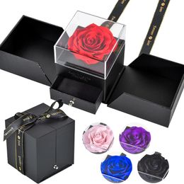 Jewelry Boxes Eternal Rose Preserved Flower Proposal Jewelry Box Earrings Necklace Storage Case Forever Love Wedding Christmas Valentines Gift 231219