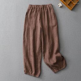 Women's Pants Cotton Linen Plaid Loose Casual Vintage Korean Fashion Harajuku Trousers Women Clothing Bloomers Lantern Baggy